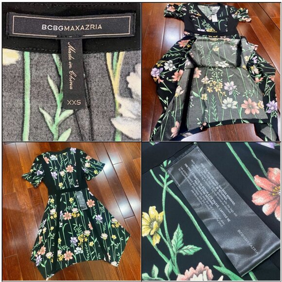*NWT* BCBGMaxAzria Black Botanical Print Flowy Fit & Flare Dress - Size XXS - Picture 15 of 16